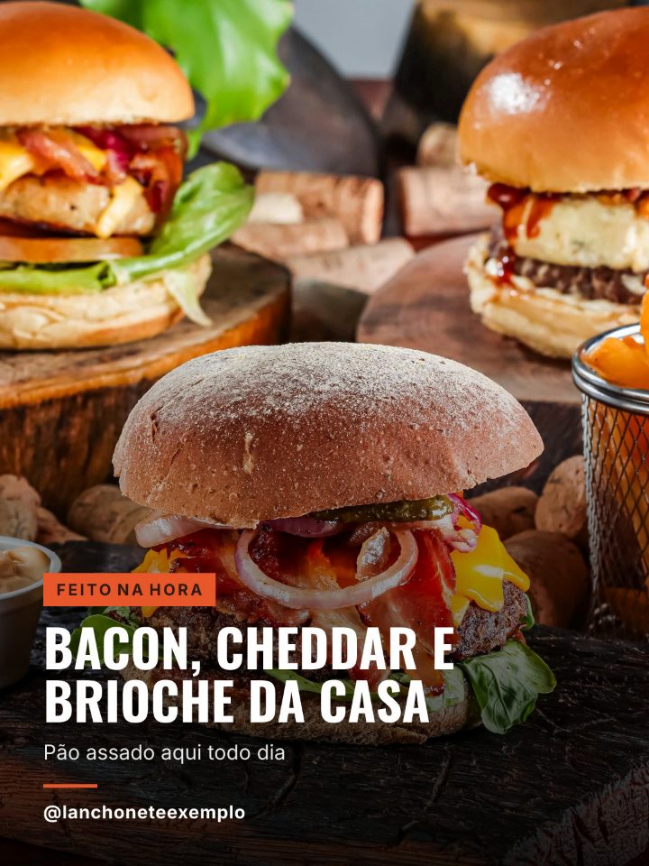 Arte de exemplo: Bacon, cheddar e brioche da casa