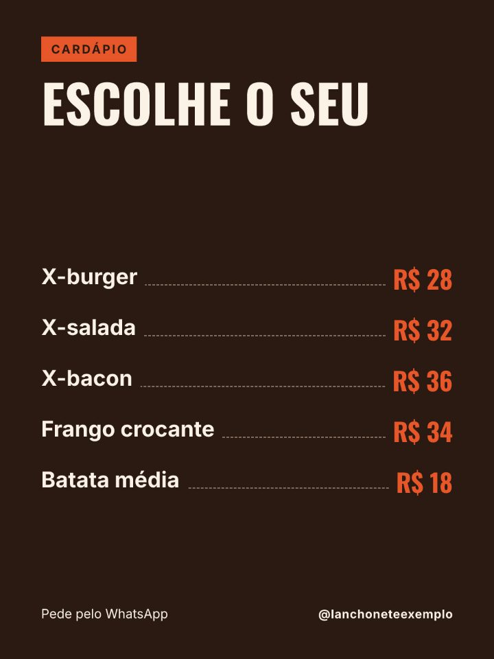 Arte de exemplo: cardápio com preços