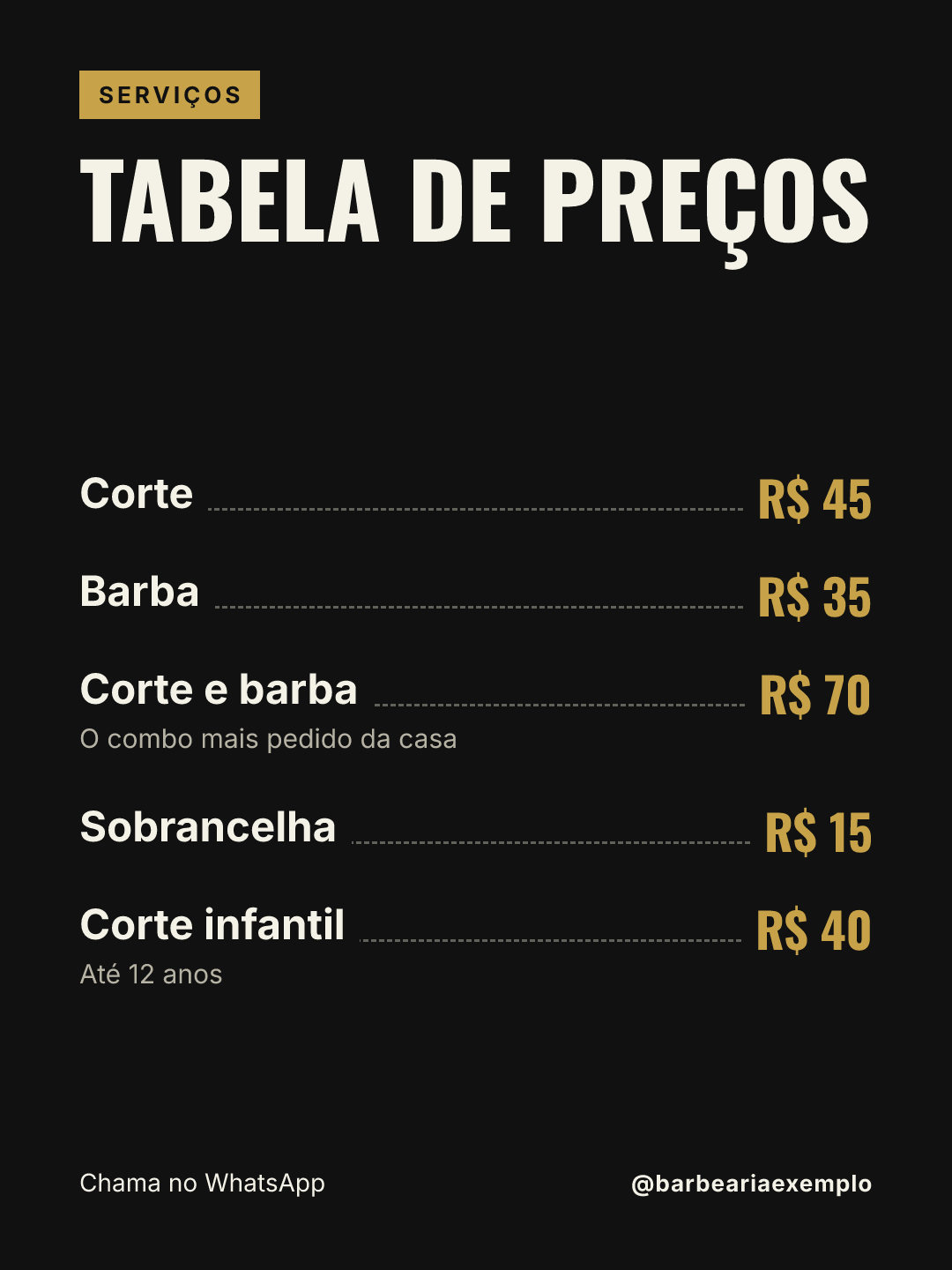 Arte de exemplo: Tabela de preços